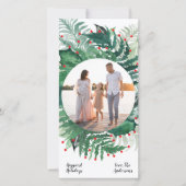Groene Rode Kerst Botanische Krans Foto lang Feestdagenkaart (Voorkant)