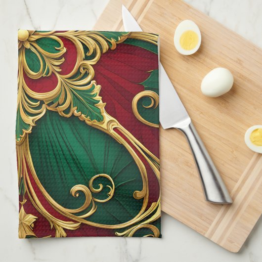 Groene Rode Kerst Vakantie Keuken Handdoek (Quarter Fold)