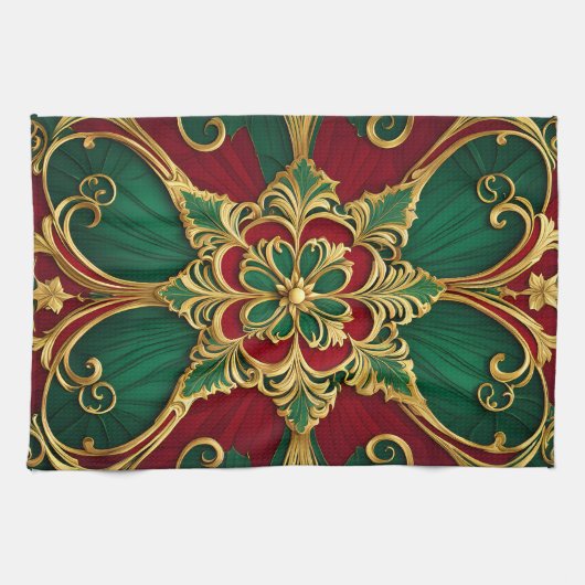 Groene Rode Kerst Vakantie Keuken Handdoek (Horizontaal)