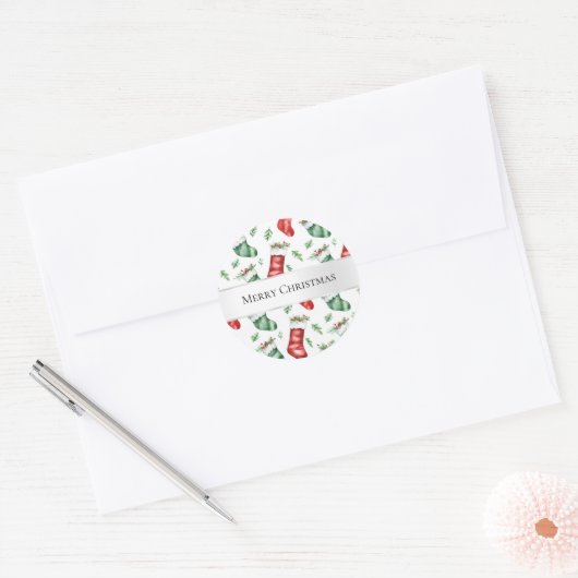Groene rode kerstkousen ronde sticker (Envelop)