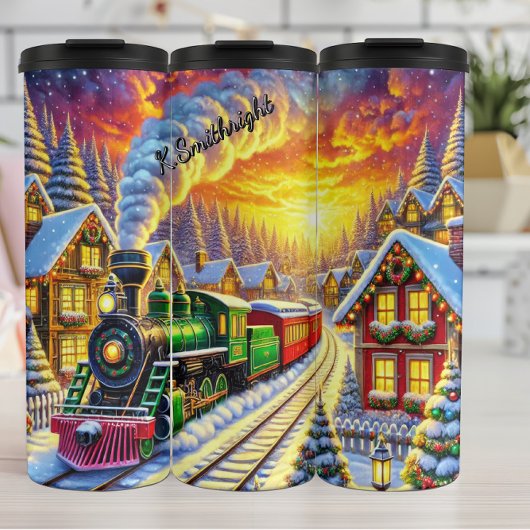 Groene Rode Kersttrein Dorp Zonsondergang Thermosbeker