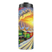 Groene Rode Kersttrein Dorp Zonsondergang Thermosbeker (Voorkant)