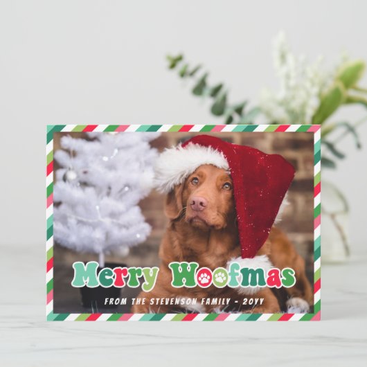 Groene Rode Mint Retro Merry Woofmas Hond Kerstmis Feestdagenkaart (Staand voorkant)