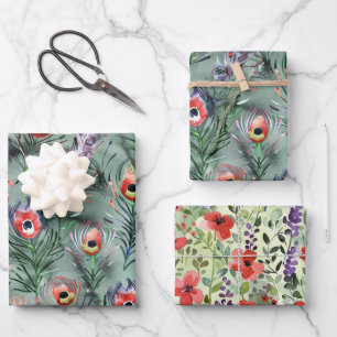 Groene Rode Pauwveren Bloemen Verjaardag Inpakpapier Vel