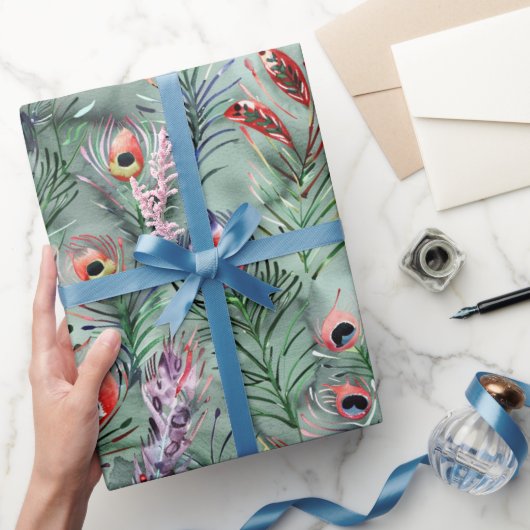 Groene Rode Pauwveren Cadeaupapier (Geschenken)