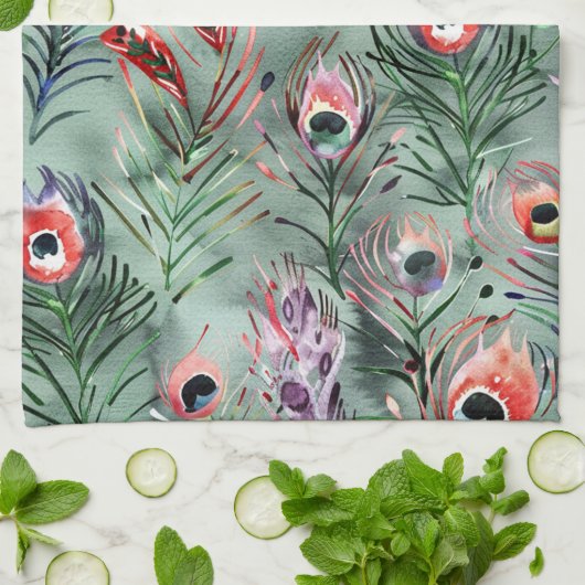 Groene Rode Pauwveren Theedoek (Gevouwen)