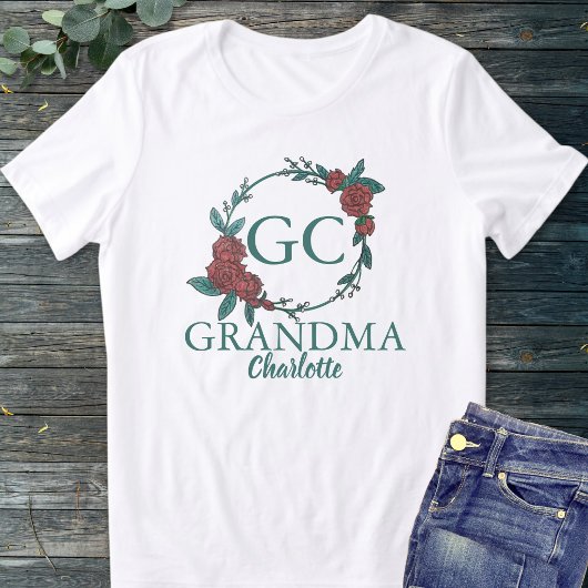 Groene & Rode Roos Bloemige Monogram Naam Oma Tri-Blend Shirt