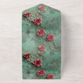 Groene Rode Rozen Bloemen All In One Uitnodiging (Buitenkant)