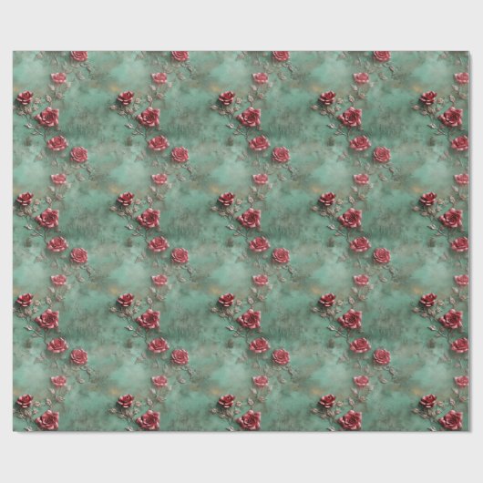 Groene Rode Rozen Bloemen Cadeaupapier (Vlak)