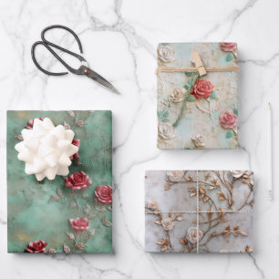 Groene Rode Rozen Bloemen Inpakpapier Vel