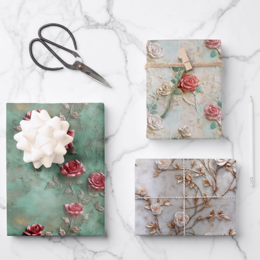 Groene Rode Rozen Bloemen Inpakpapier Vel (Voorkant)