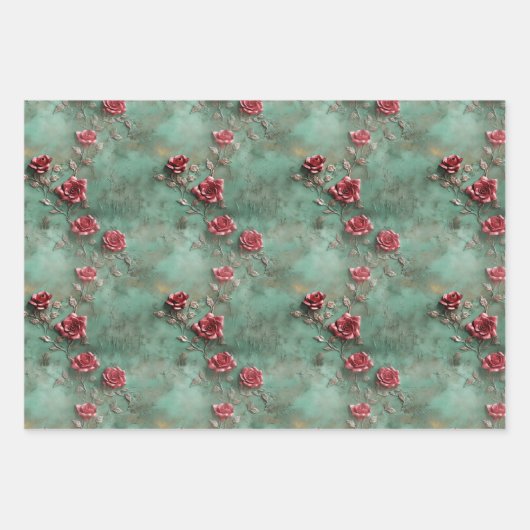 Groene Rode Rozen Bloemen Inpakpapier Vel (Voorkant 2)