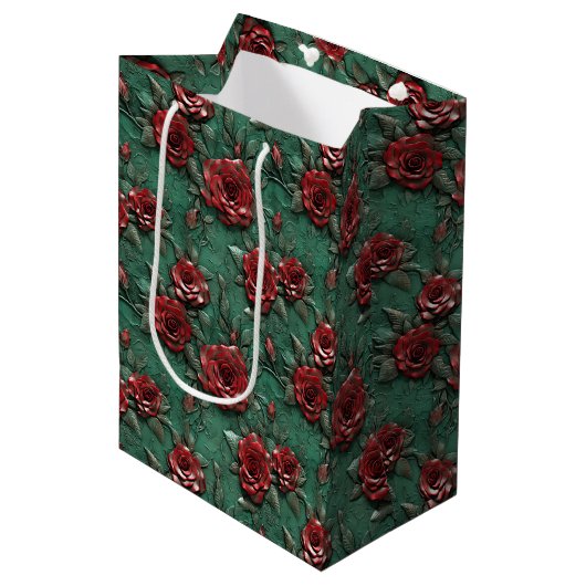 Groene Rode Rozen Bloemen Medium Cadeauzakje (Voorkant Gekanteld)