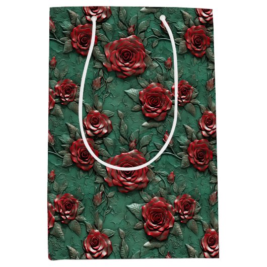 Groene Rode Rozen Bloemen Medium Cadeauzakje (Voorkant)