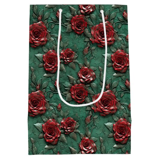 Groene Rode Rozen Bloemen Medium Cadeauzakje (Achterkant)