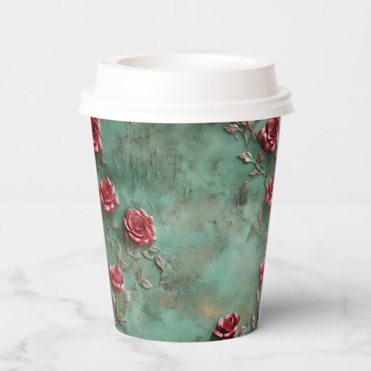Groene Rode Rozen Bloemen Papieren Bekers (Achterkant)