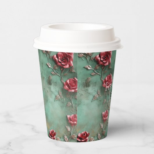 Groene Rode Rozen Bloemen Papieren Bekers (Rechts)