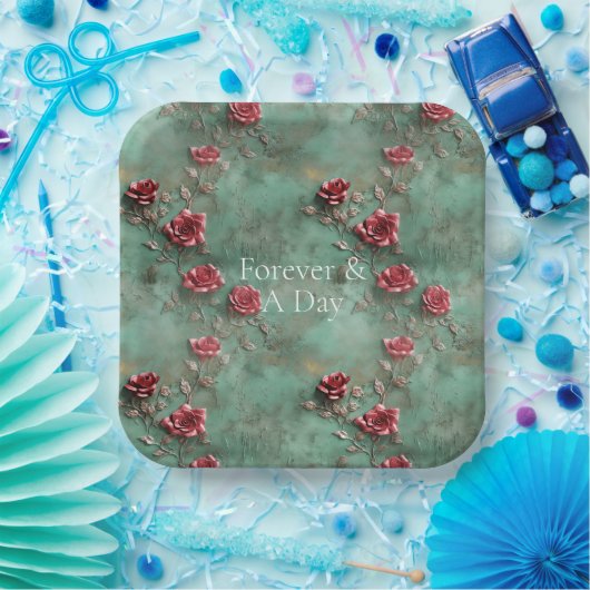 Groene Rode Rozen Bloemen Papieren Bordje (Feest)