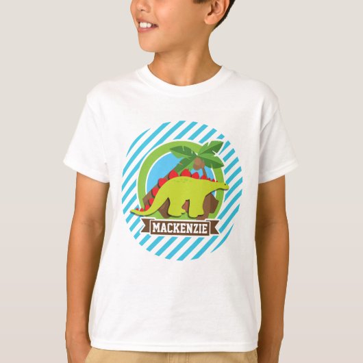 Groene & Rode Stegosaurus Dinosaur; Blauw & Wit T-shirt (Voorkant)