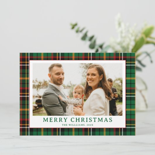  Groene Rode Tartan Plaid Foto Kerst Feestdagenkaart (Staand voorkant)