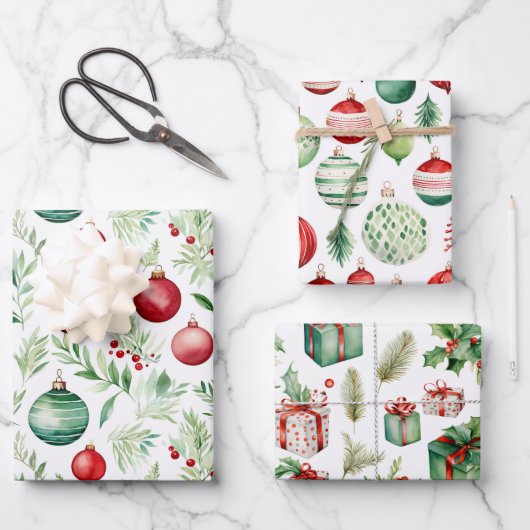 Groene rode vrolijke kerst Ornamenten Inpakpapier Vel (Voorkant)