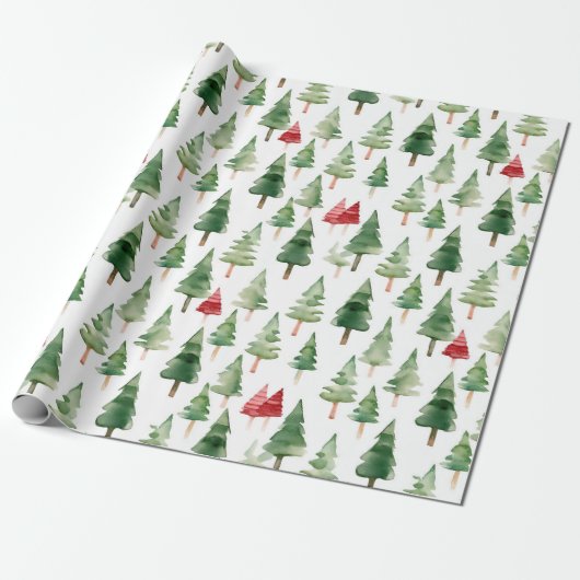 Groene rode vrolijke kerstbomen cadeaupapier (Uitgerold)