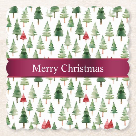 Groene rode vrolijke kerstbomen kartonnen onderzetters (Voorkant)