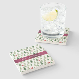 Groene rode vrolijke kerstbomen stenen onderzetter