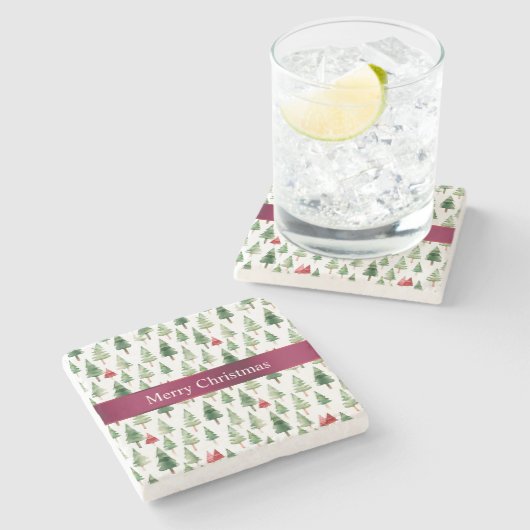 Groene rode vrolijke kerstbomen stenen onderzetter (Zijkant)