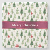 Groene rode vrolijke kerstbomen stenen onderzetter (Voorkant)