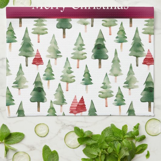 Groene rode vrolijke kerstbomen theedoek (Gevouwen)