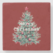 Groene rode vrolijke kerstboom stenen onderzetter (Voorkant)