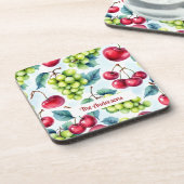 Groene rode vruchten Druiven Cherry Waterverf Bier Onderzetter (Linkerzijde)