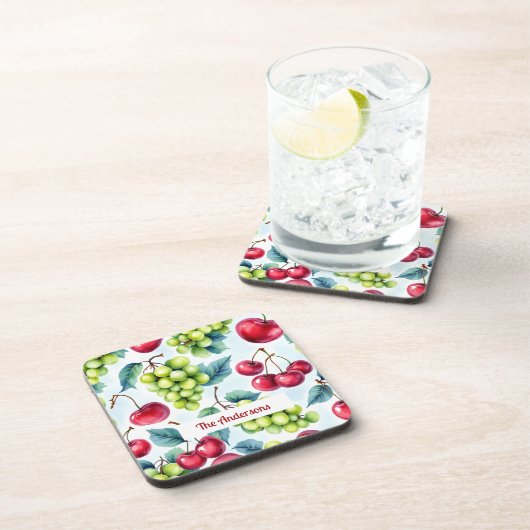 Groene rode vruchten Druiven Cherry Waterverf Bier Onderzetter (Rechterzijde)