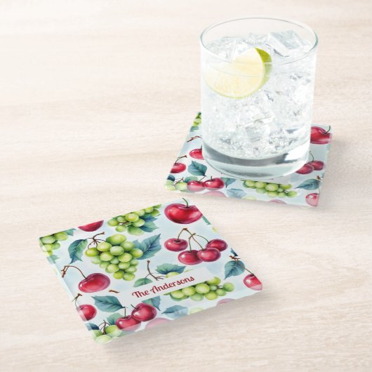 Groene rode vruchten Druiven Cherry Waterverf Glazen Onderzetter (Schuin)