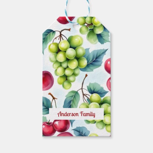 Groene rode vruchten patroon kersen druiven cadeaulabel (Voorkant)