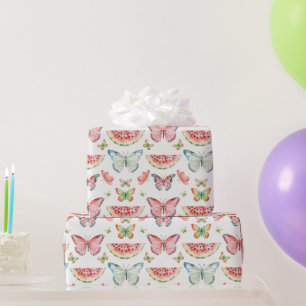 Groene Rode Watermeloen Blauwe Vlinders Verjaardag Cadeaupapier