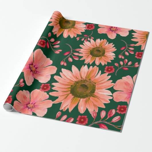 Groene Rode Waterverf Bloemen Cadeaupapier (Uitgerold)