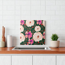 Groene Rode Waterverf Bloemen Tegeltje