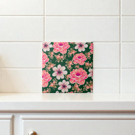 Groene Rode Waterverf Bloemen Tegeltje