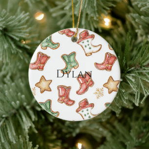 Groene Rode Western Cowboylaarzen Kerstmis  Keramisch Ornament