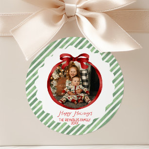 Groene Rode Whimsical Boog Frame Foto Kerstmis Ronde Sticker
