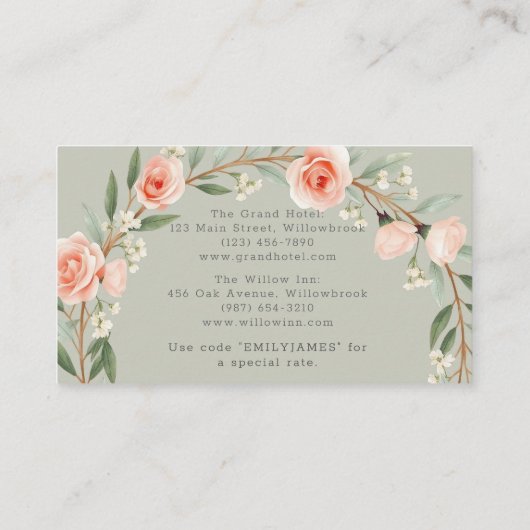 Groene, romantische roos krans informatiekaartje (Achterkant)