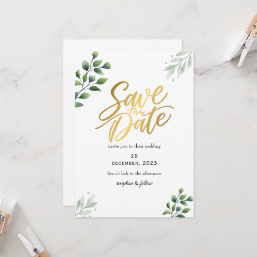 Groene romantische Save The Date-uitnodiging Kaart (Voorkant / Achterkant in situ)