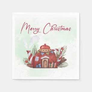 Groene Rood Aquarel Kerst Theepot Huis Servet