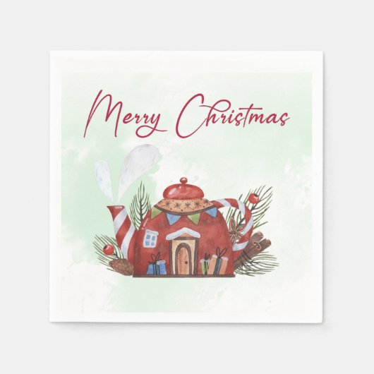 Groene Rood Aquarel Kerst Theepot Huis Servet (Voorkant)