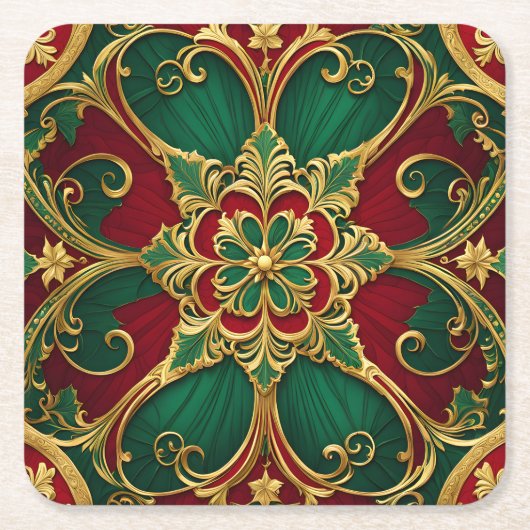 Groene Rood Kerstvakantie Papier Onderzetter (Voorkant)