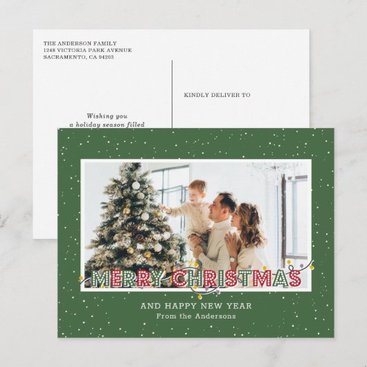 Groene Rood Sneeuw Kerstlichten Foto Feestdagenkaart (Voorkant / Achterkant)