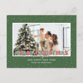 Groene Rood Sneeuw Kerstlichten Foto Feestdagenkaart