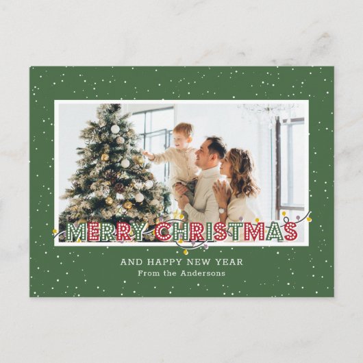 Groene Rood Sneeuw Kerstlichten Foto Feestdagenkaart (Voorkant)